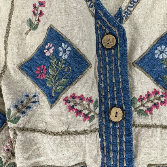 Tantrums Women's Beige Floral Embroidered Vest M | Boho Cottagecore Button-Up - Picture 8 of 9